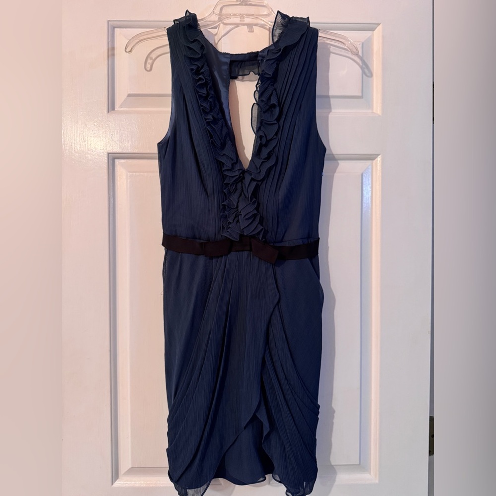Vera Wang Lavender Label Blue Chiffon Dress with Black waist bow petal hem